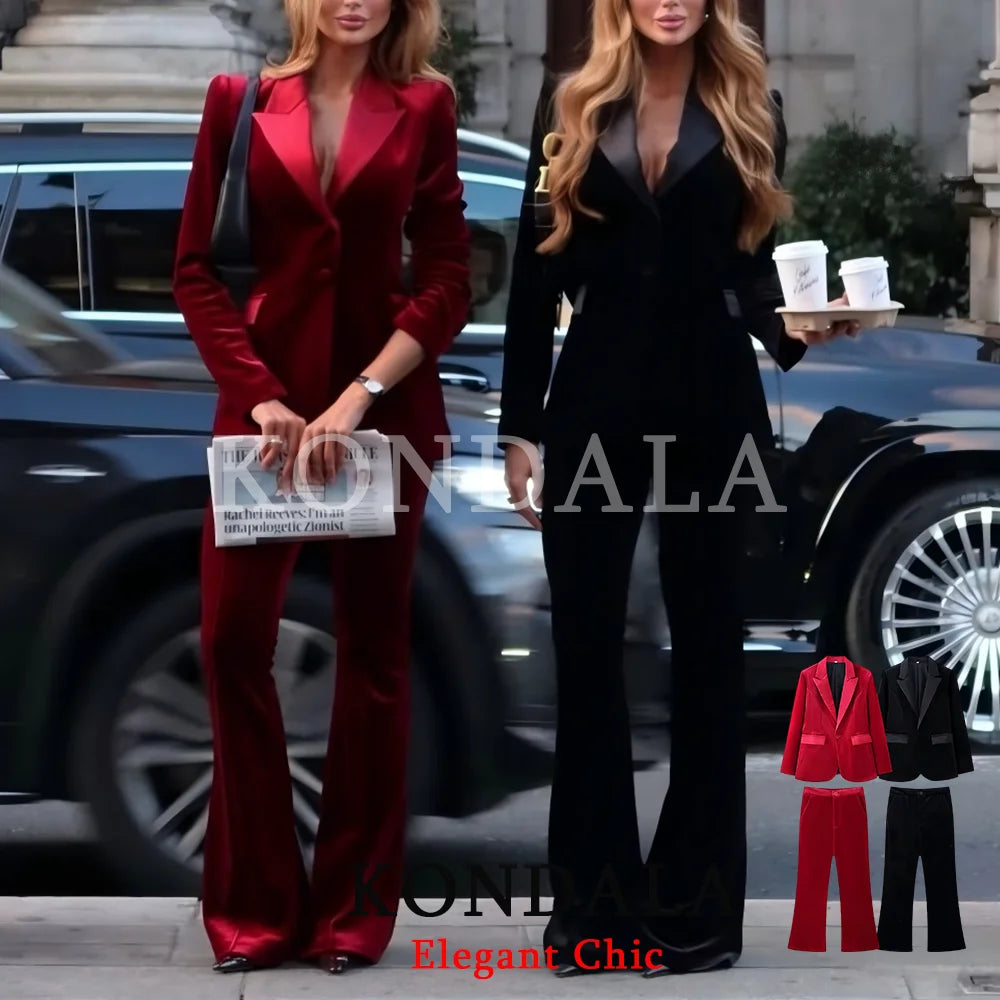 KONDALA Damen Büro-Samt-Slim-Blazer-Set Revers V-Ausschnitt Slim-Blazer mit Taschen Hose Neue Mode 2026 Frühling Herbst Elegantes Set