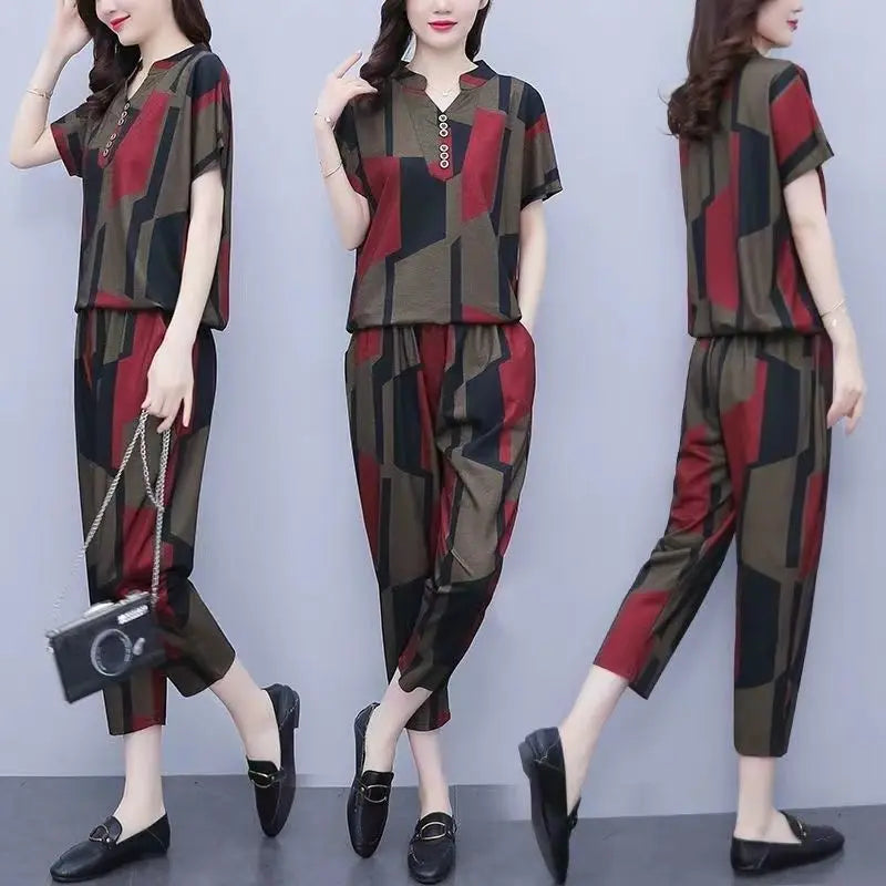 Frauen Casual Anzug 2025, Frühling Sommer Neue Mode Lose Koreanische Plus Größe Kleidung Kurzarm Tops Harun Hosen 2 Zwei Stück Set