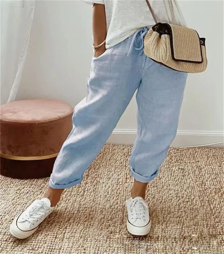 Einfarbig Kordelzug Elastische Taille Frauen Hosen Sommer Plus Größe Beiläufige Breite Bein Hosen Weibliche Lose Elegante Oversize Hosen
