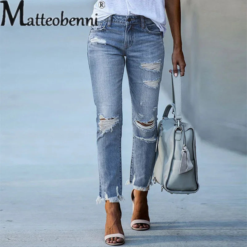 Mode gebrochene Löcher Quaste gerade Jeans Damen Mitte der Taille Knopf Spleißen Jeans hose Damen Trend Streetwear Freizeit hose