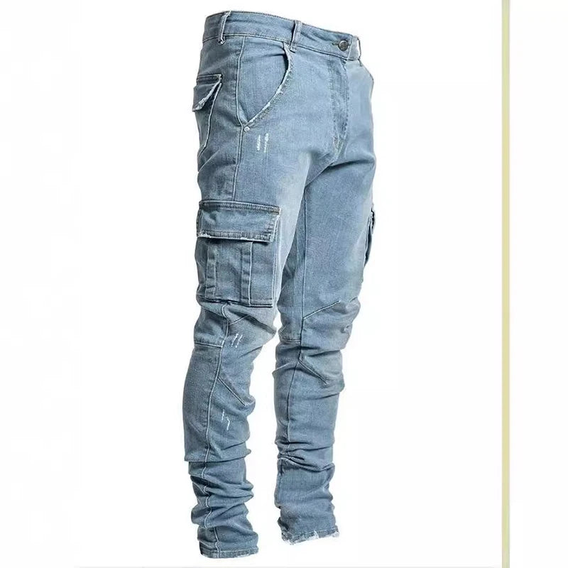 Stilvolle Flut Marke Männer Cargo Schmale Bein Denim Hosen Elastische Slim Fit Jeans Einfarbig Multi Taschen Beiläufige Dünne Männliche Hosen