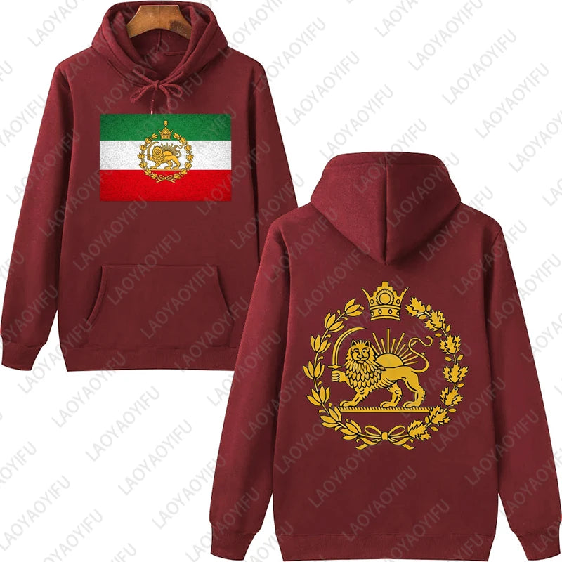 Löwe und Sonne Persischer Kapuzenpullover Iranisches Hoodie-Emblem Grafik Unisex Vorder- und Rückseiten-Druck Trendiger Casual-Stil Sportbekleidung