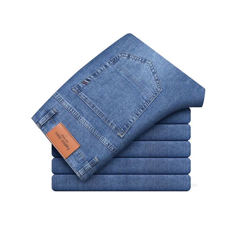 Sommer Dünne männer Baumwolle Jeans Neue Mode Grau Elastische Gerade Business Casual Hosen Bequeme Marke Hosen