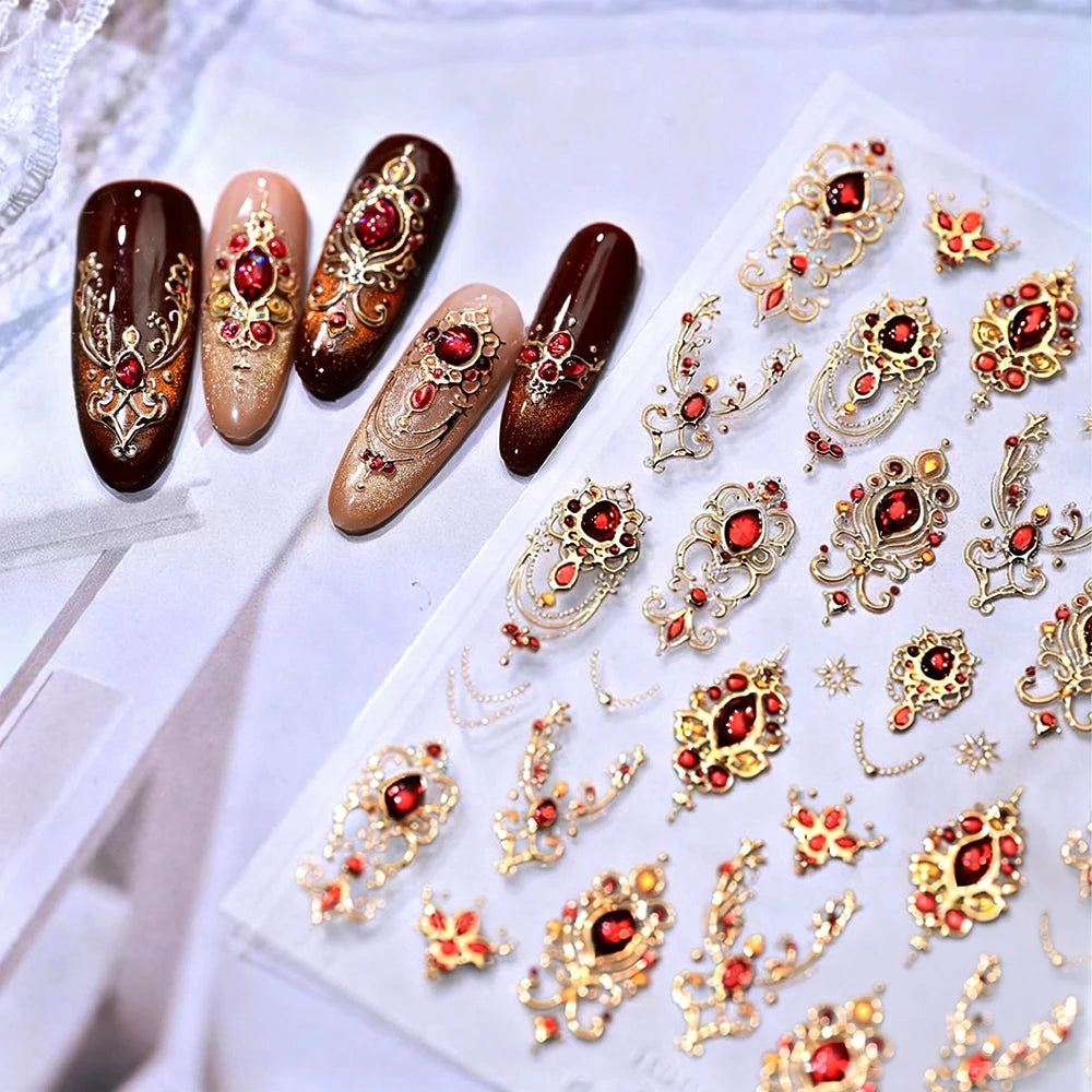5D Grüner Edelstein Luxus Nail Art Aufkleber Bronzing Barock Halskette Rahmen Nagelschieber Selbstklebend Höflich Retro Nagelaufkleber Dekor