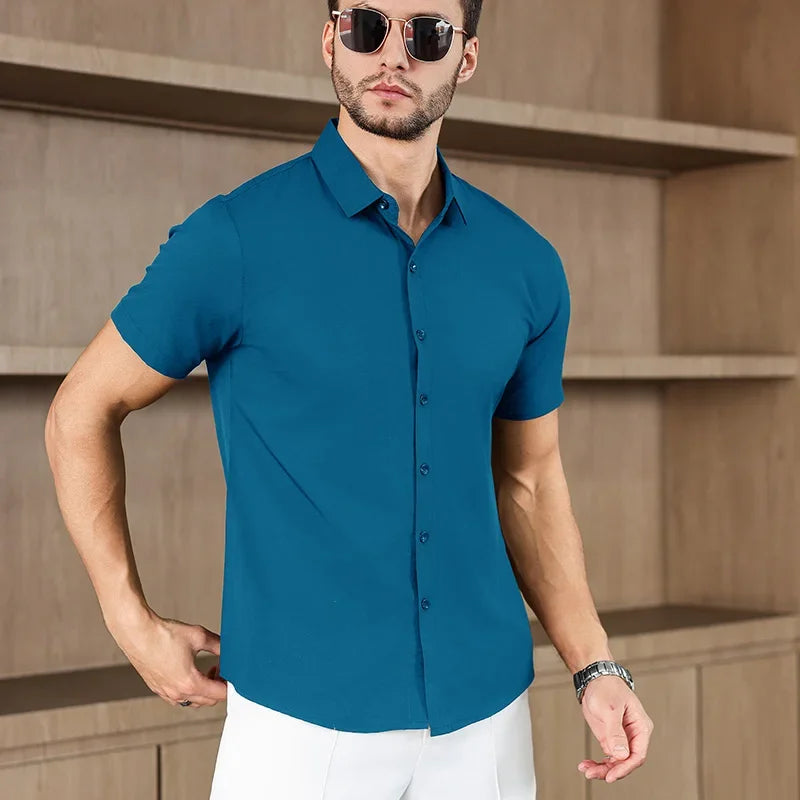 Neues Herren-Business-Casual-Hemd mit kurzen Ärmeln, einfarbig, für Sommermode, ohne Bügeln, bequemes und vielseitiges Oberteil