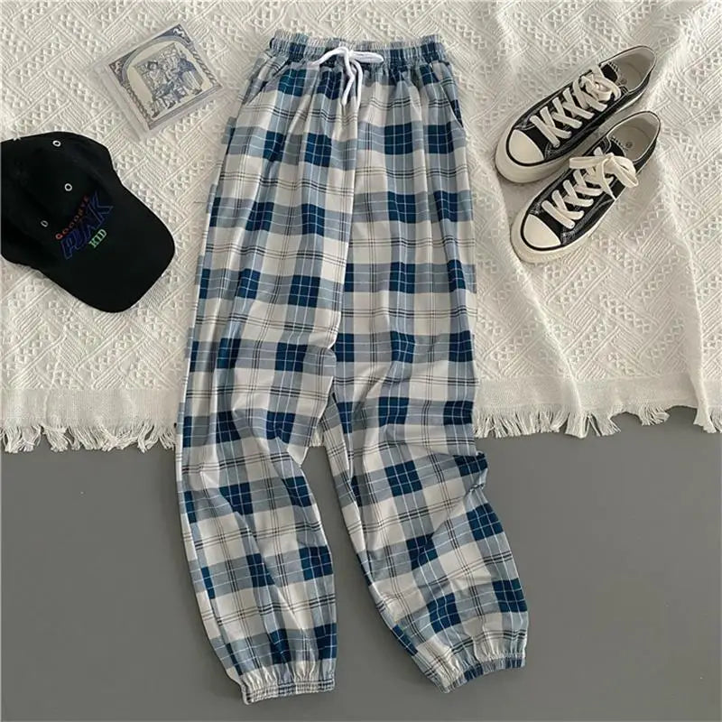Casual Hosen für Frauen Koreanische Neue Mode Lose Schwarz Plaid Sommer Harajuku Studenten Harem Lange Hosen Streetwear Hosen Chic