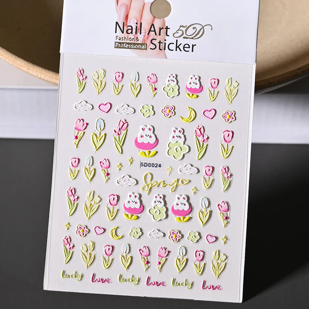 1Pc 5D Geprägte Kawaii Floral Schmetterling Nagel Aufkleber 3D Cartoon Bogen Kaninchen Erdbeere Klebe Aufkleber Urlaub Nagel Sliders