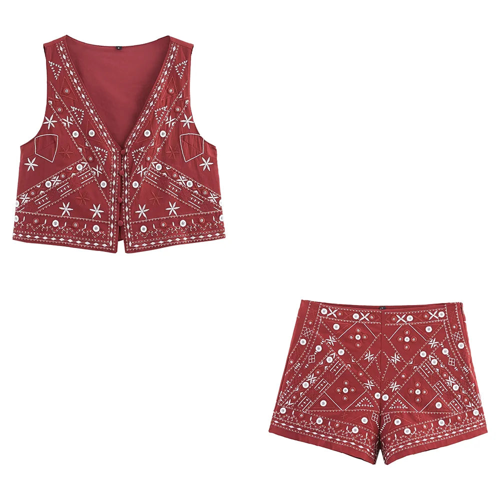 KONDALA Casual Chic Rot Stickerei Frauen Anzug V-ausschnitt Ärmellose Weste Breite Bein Shorts Mode 2025, Sommer Boho V-ausschnitt Frauen Sets