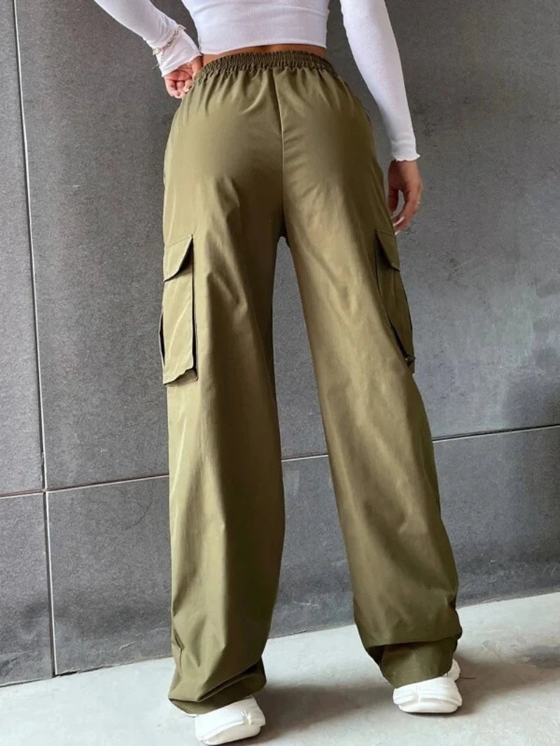Elegante Feste Hohe Taille Zerrissene Hose Mode Frauen Tasche Elastische Gerade Cargo Hosen Casual Streetwear Sweatpant Y2K Hosen
