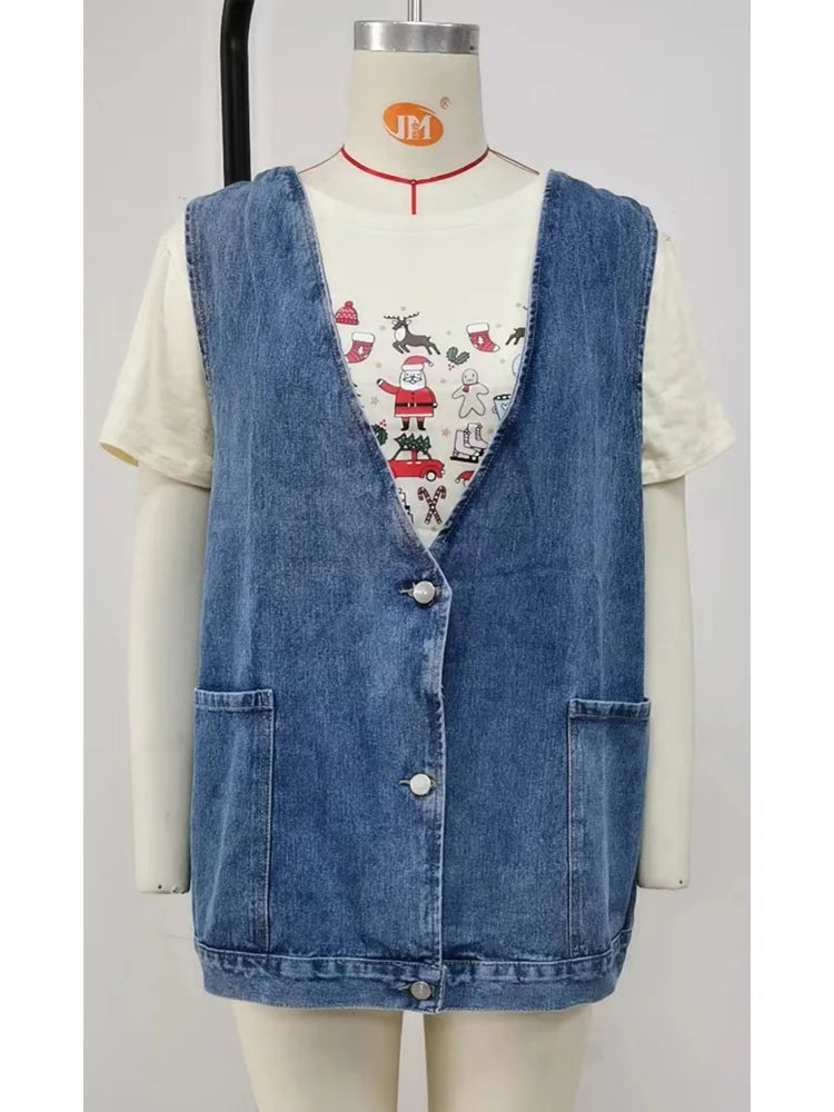 Benuynffy Vintage Große V-ausschnitt Denim Weste Frauen Frühling Sommer Gewaschen Casual Taschen Ärmellose Jeans Jacken Weibliche Lose Outwear