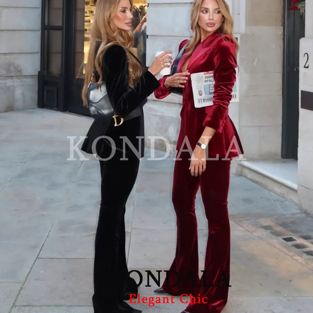 KONDALA Damen Büro-Samt-Slim-Blazer-Set Revers V-Ausschnitt Slim-Blazer mit Taschen Hose Neue Mode 2026 Frühling Herbst Elegantes Set