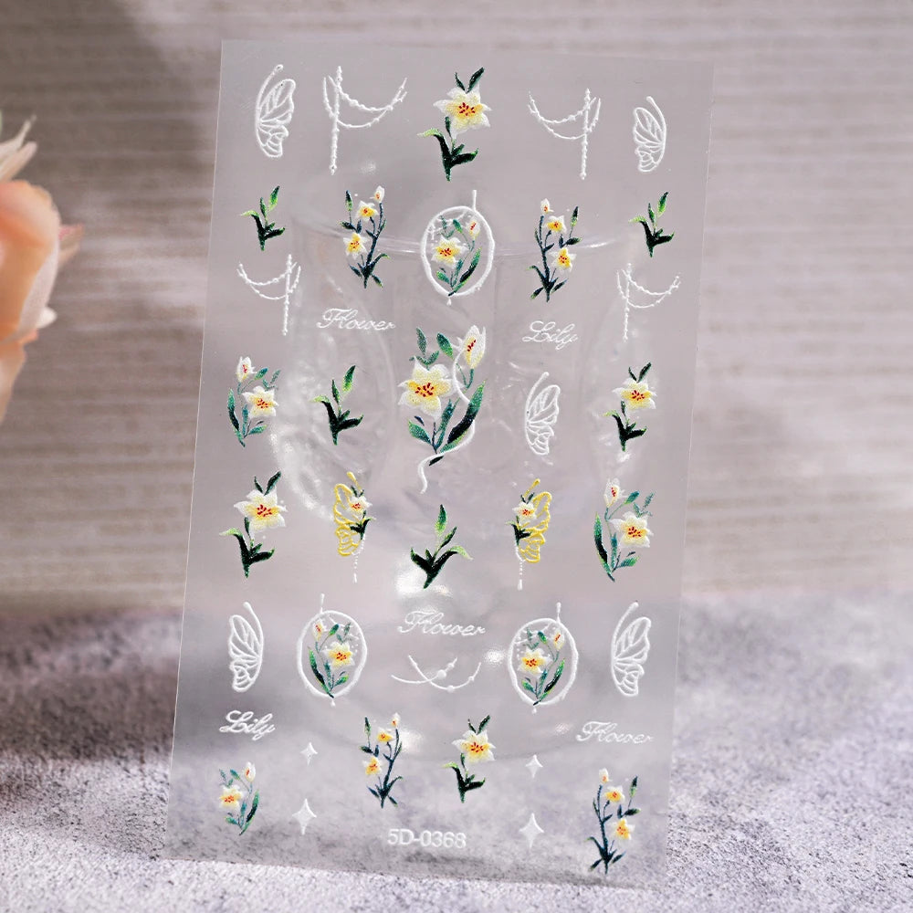 1 Stück 5D geprägte Lavendelblume Nagelaufkleber Frühling Blumenblätter selbstklebende Schieber Rose Schmetterling Aufkleber Maniküre Dekoration