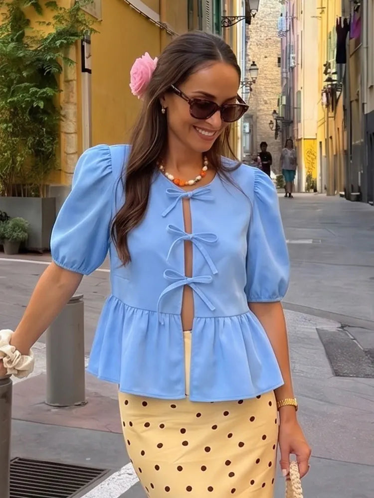 Elegante Damen-Bluse mit Kurzen Puffärmeln und Schleife, Lässiges Mode-Wochenend-Shirt, High-Street-Hemd, Party- und Strand-Oberteil, Schlanker Schnitt