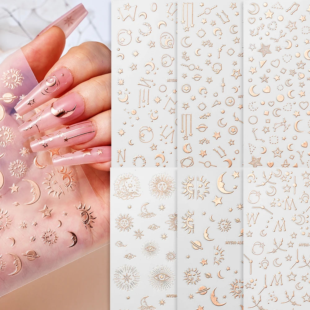 6 Stück 3D Blaue Herz-Nagelaufkleber Bronzierte Gold Silber Stern Mond Sonne Selbstklebende Slider Y2K Nagelkunst Abziehbilder Maniküre Dekoration