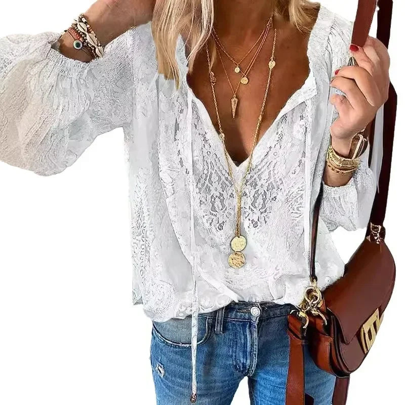 Vintage-Bluse mit Knöpfen und Schnürung, langärmelig, Spitze, elegant, Retro, lässig, Frühling, neue Mode, Tops für Damen, 2025, Blusen-Tops