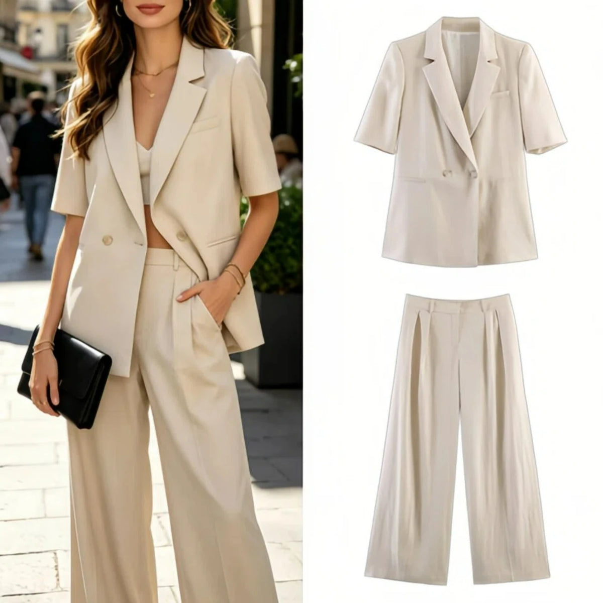 Damen Zweiteiler Sommer 2026: Zweireihiger Kurzarm-Blazer mit High-Waist Weitem Hosenbein – Perfektes Business-Set für den Arbeitsweg