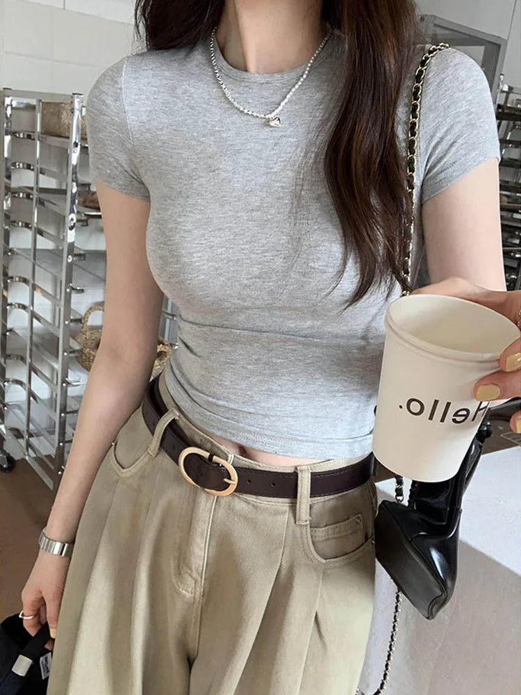Damen Basic Solid Crop Top Kurzarm Rundhals Skinny T-Shirt Sommer Casual Y2K Vintage Harajuku Streetwear