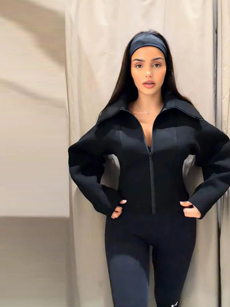 Damen Schwarze Reißverschluss-Jacke mit Revers, Eleganter Langarm-Cropped-Mantel mit Taillierung, Frühjahr 2026, Schicke Lässige Streetwear-Oberbekleidung