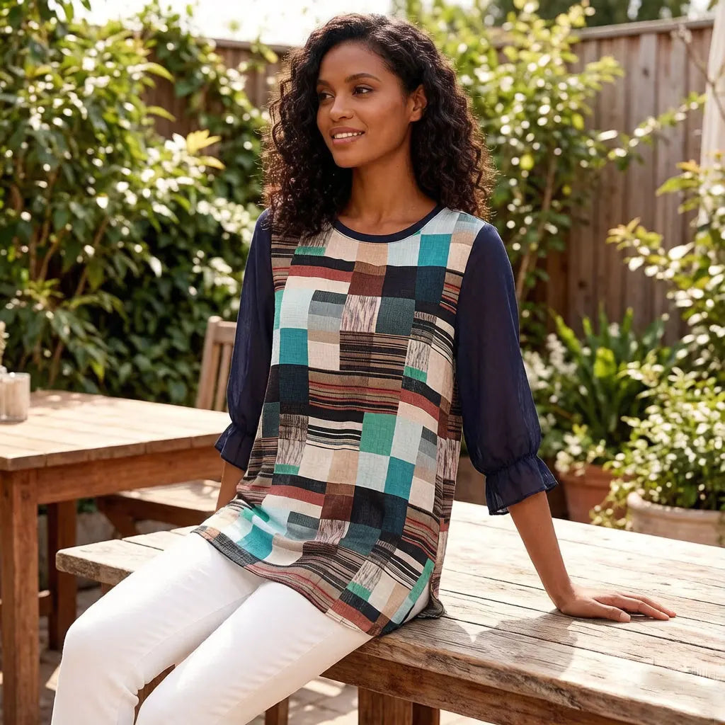Damen-Bluse mit geometrischem Patchwork-Muster, Chiffon-Oberteil mit künstlerischem Druck und Netzärmeln, Rundhalsausschnitt, lässiges, locker sitzendes Sommerhemd