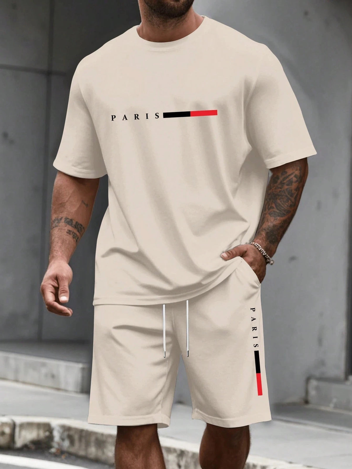 Paris-Buchstaben-Print Herren Frühling und Sommer Zweiteiler Set Lässiger Rundhals Kurzarm T-Shirt Shorts Sportanzug Bedruckte Kleidung
