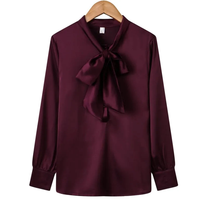 Modische Bluse, einfarbig, Seidenhemd, Schmetterlingskragen, Damen-Büro-Oberteil, langärmlig