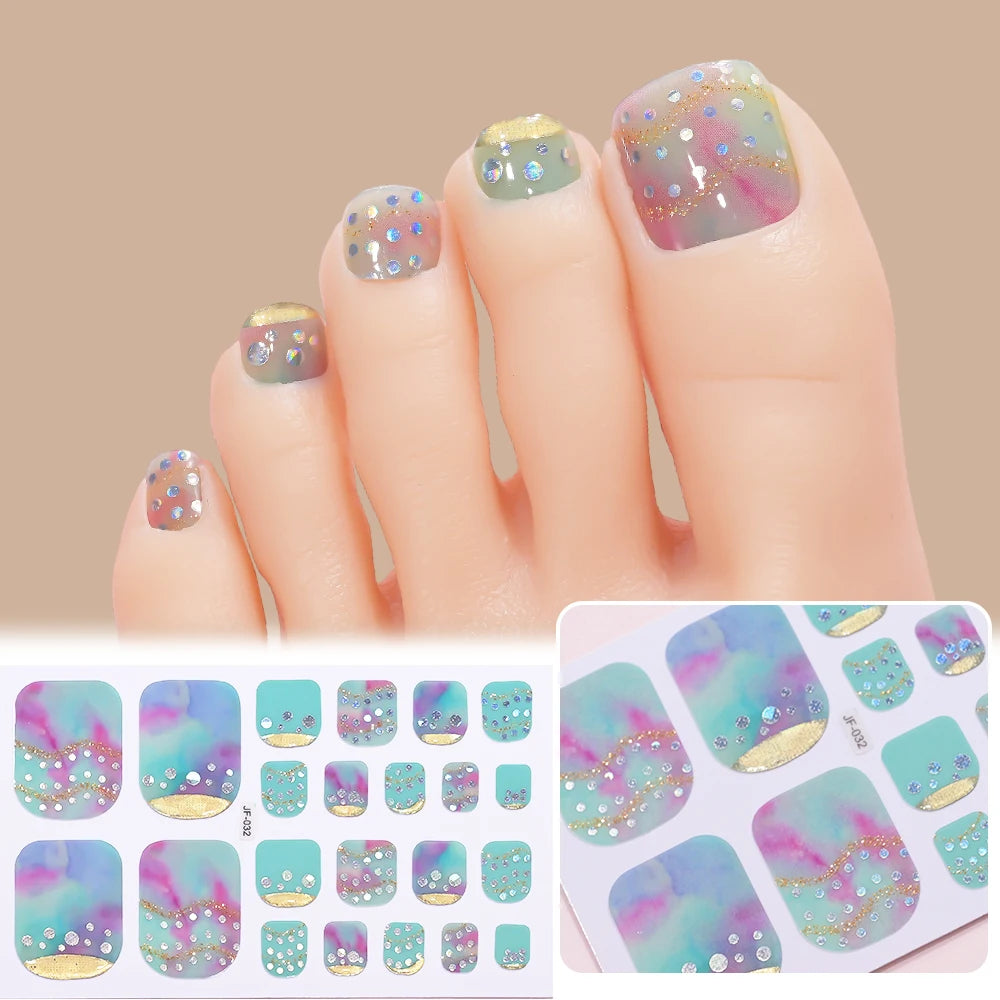 22 Tipps goldene Glitzer-Nagelaufkleber für Füße, 5 Farben, 11 Größen, vollständige Abdeckung, Fußkunst-Aufkleber, einfach zu erreichen, Zehen-Maniküre-Dekoration