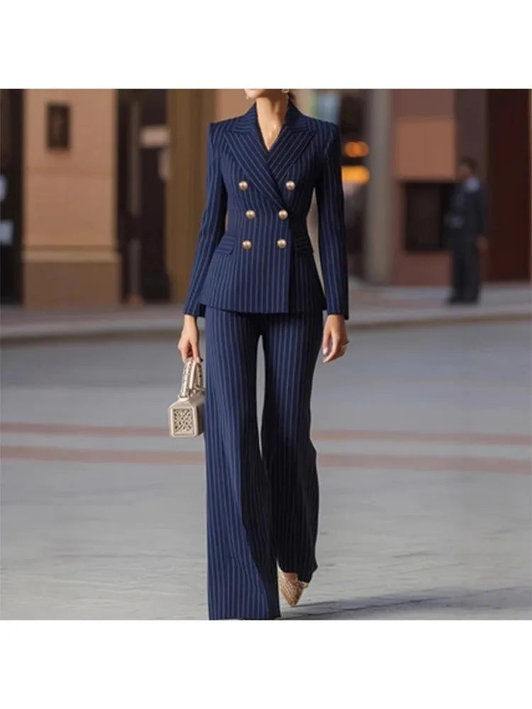 Modischer Herbst-Winter Damen-Hosenanzug Gestreifter Business-Arbeitsanzug Jacke Blazer und Hose Formelles 2-Teiliges Set