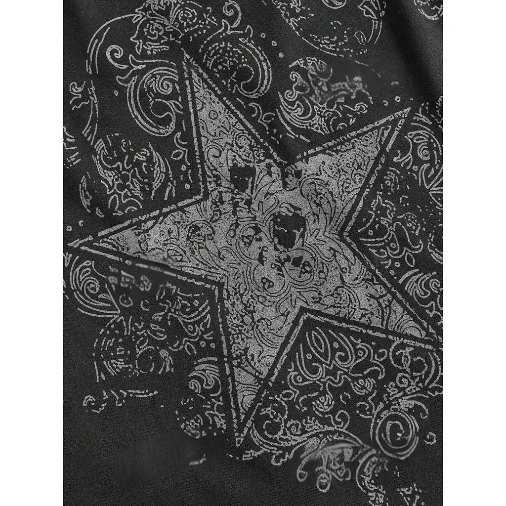 Y2K Grunge Emo Muster Top Herbst E-Girls Millennium Style Damen Ästhetisches Gothic Stern bedrucktes lockeres Langarm-T-Shirt
