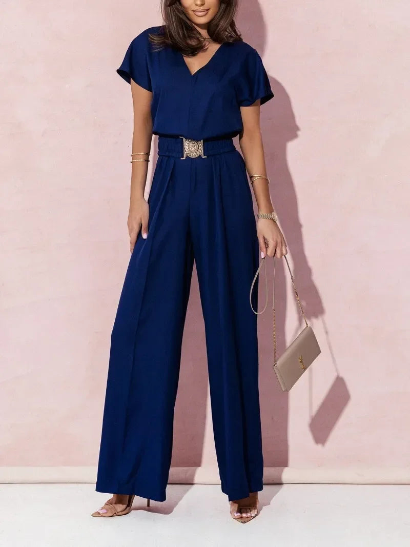 Damen S-2XL Größe Frühling Sommer Damenmode V-Ausschnitt Kurzarm Overall Damen Casual Gürtel Einfarbig Overall