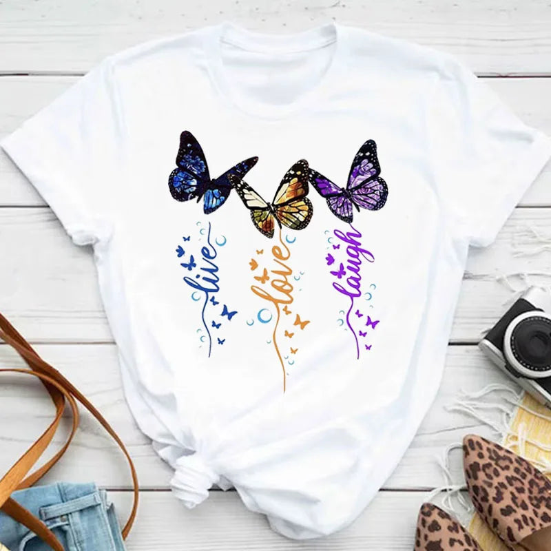 Neue blaue Schmetterling Blumen gedruckt T-Shirt Frauen Sommer lässig Kurzarm O-Ausschnitt Tops 90er Jahre Mode Grafik weibliche Tops T-Shirts