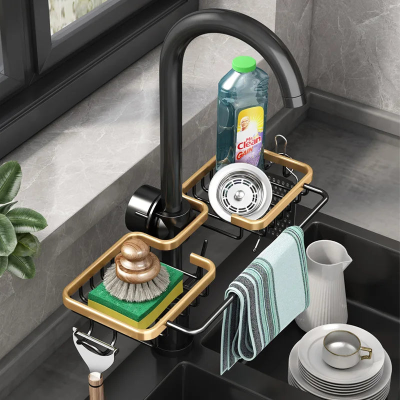 Küche Raum Aluminium Waschbecken Abfluss Rack Schwamm Lagerung Wasserhahn Halter Seife Abtropffläche Regal Korb Organizer Bad Zubehör