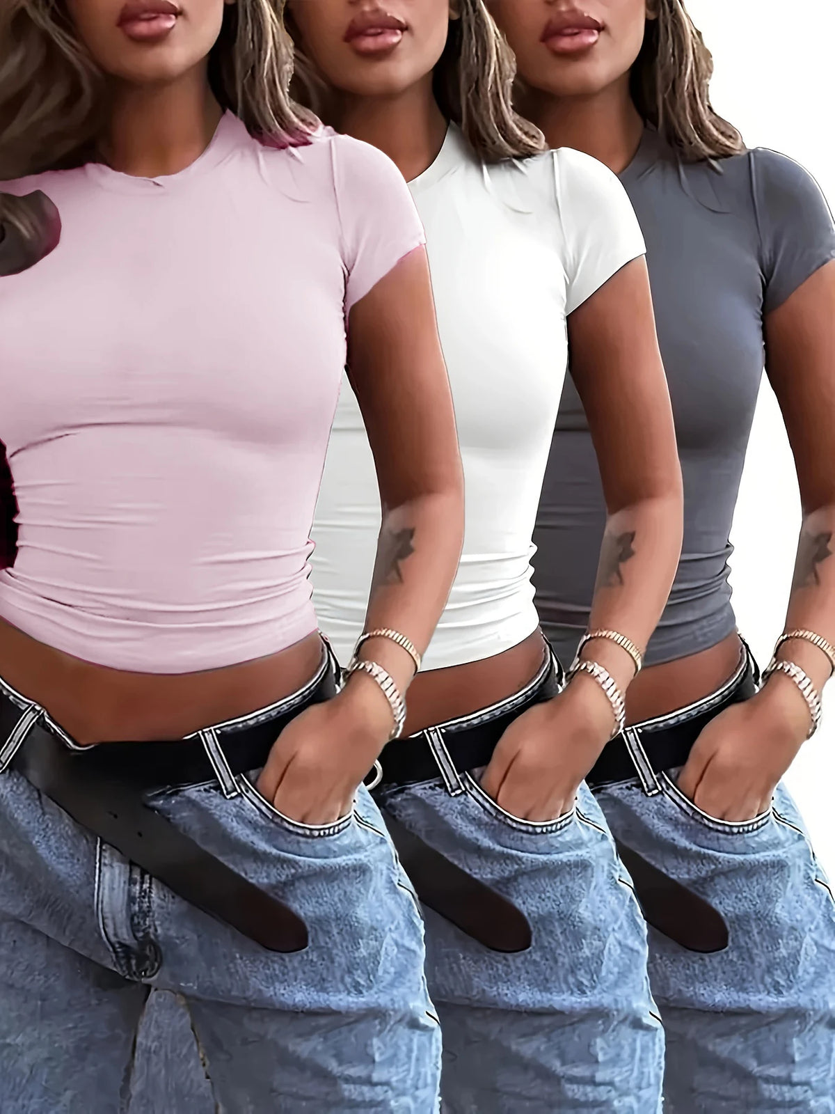 3 Stück Damen Slim Fit Kurzarm T-Shirts Elegant Rundhalsausschnitt Casual T-Shirt Damen Y2k Vintage Basic Tees 2025 Damenbekleidung