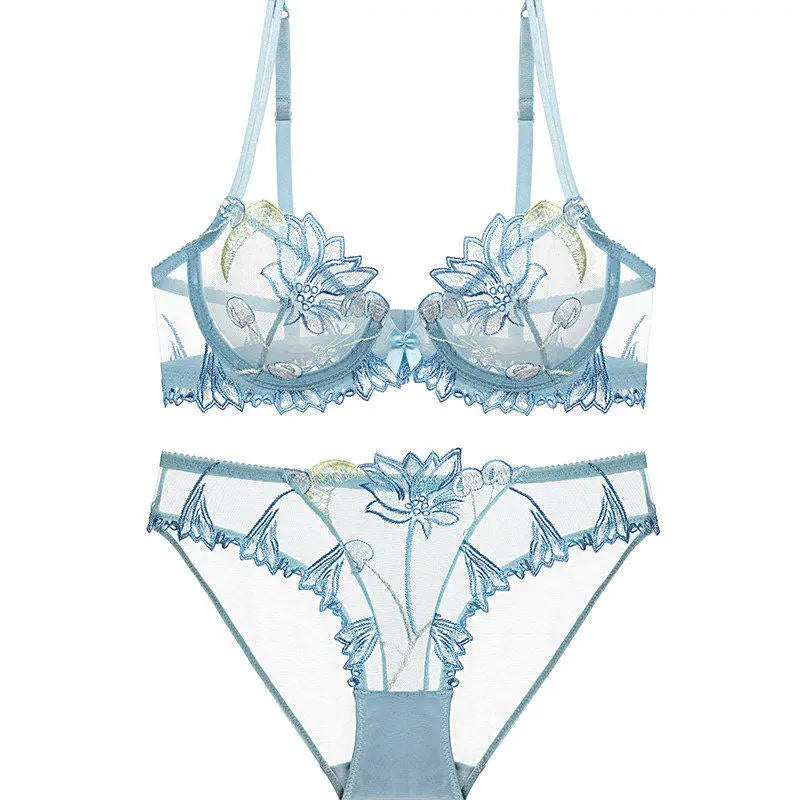 Eleganter Kirschblüten-Stickerei-Spitzen-Bügel-BH, ultradünn, Minimizer, stützend, Anti-Sagging, seitlich glättend für große Brüste, Größen 32-38, Set