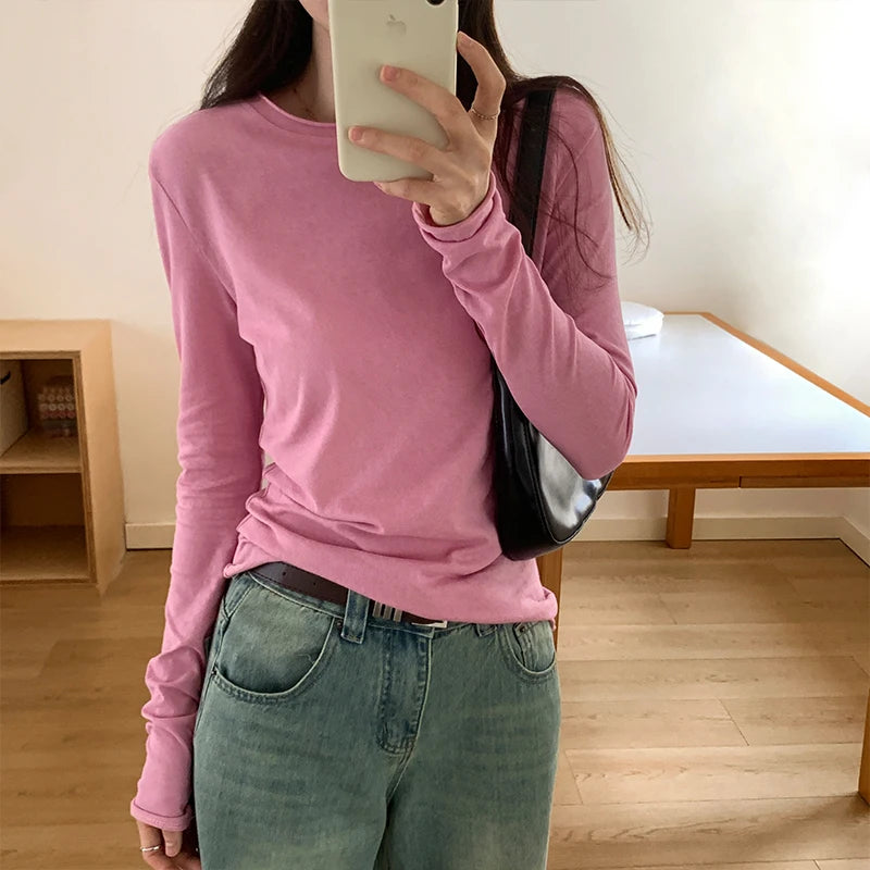 Frühling Herbst T shirt Frauen Tops Solide Langarm Geraffte O Neck T-shirts Weiblichen Koreanischen Casual Streetwear Hohe Qualität Basis Tees