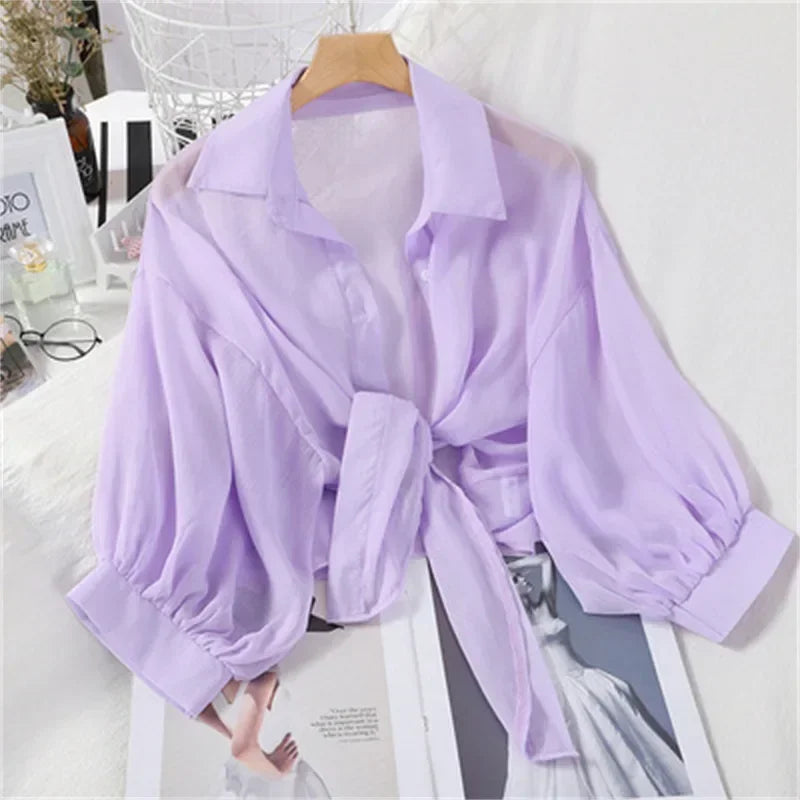 Chiffon-Hemden für Damen, 2022, Sommer, halbe Ärmel, geknöpftes Hemd, lockere lässige Bluse, Krawatte, Taille, elegante Blusen für Damen
