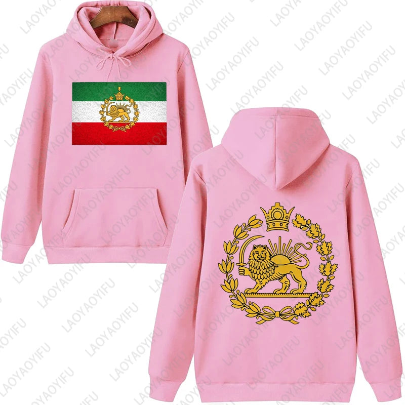 Löwe und Sonne Persischer Kapuzenpullover Iranisches Hoodie-Emblem Grafik Unisex Vorder- und Rückseiten-Druck Trendiger Casual-Stil Sportbekleidung