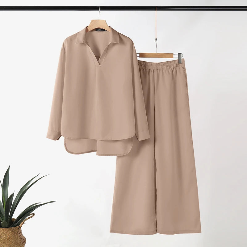 ZANZEA Frühling 2 stücke Outfits Frauen Hosen Anzüge Langarm Bluse Hose Sets Solide Arbeit Trainingsanzug Beiläufige Lose Passenden Set 2025