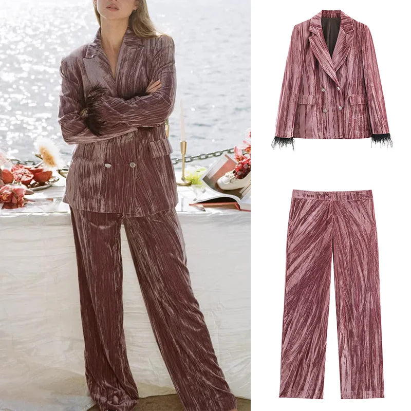 2026 neue Frauen Rosa Blazer Hosen Set Langarm Feder Design Anzug + Pendeln Frau Gerade Hosen Straße Samt material Trendy