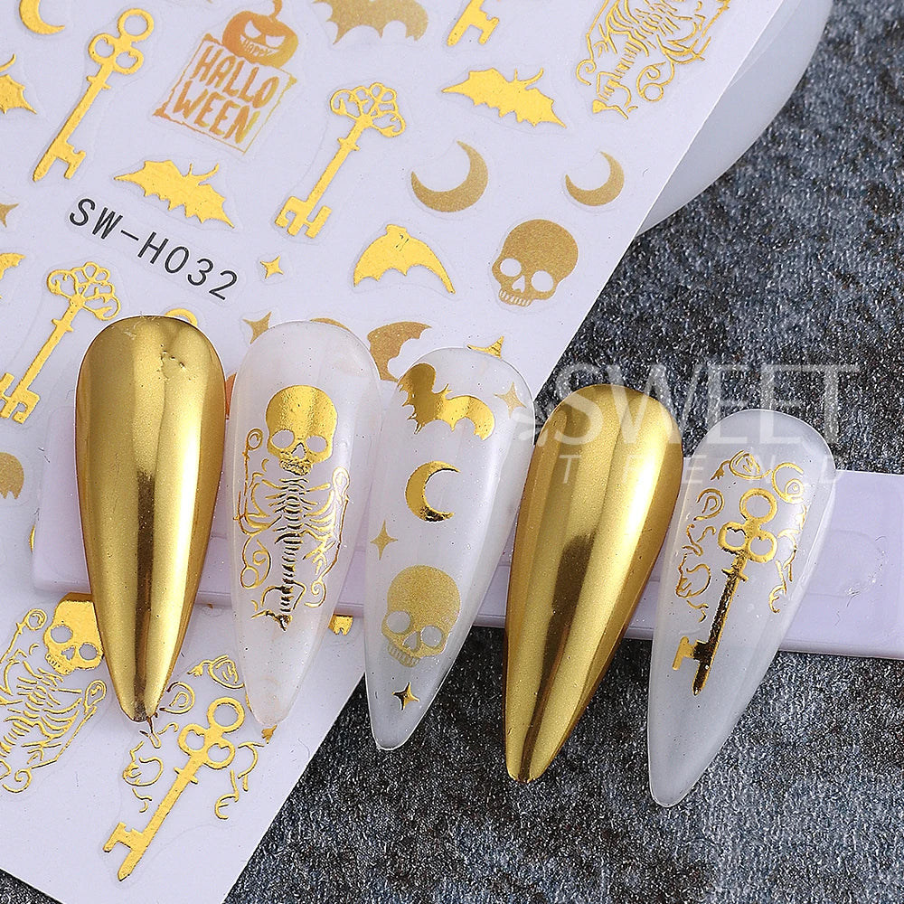 3 Stück Halloween Nagelaufkleber Goldenes Skelett Kürbis Fledermaus Schlüssel Nagelaufkleber y2k Stern Punk Gothic Nagelzubehör Maniküre Dekoration