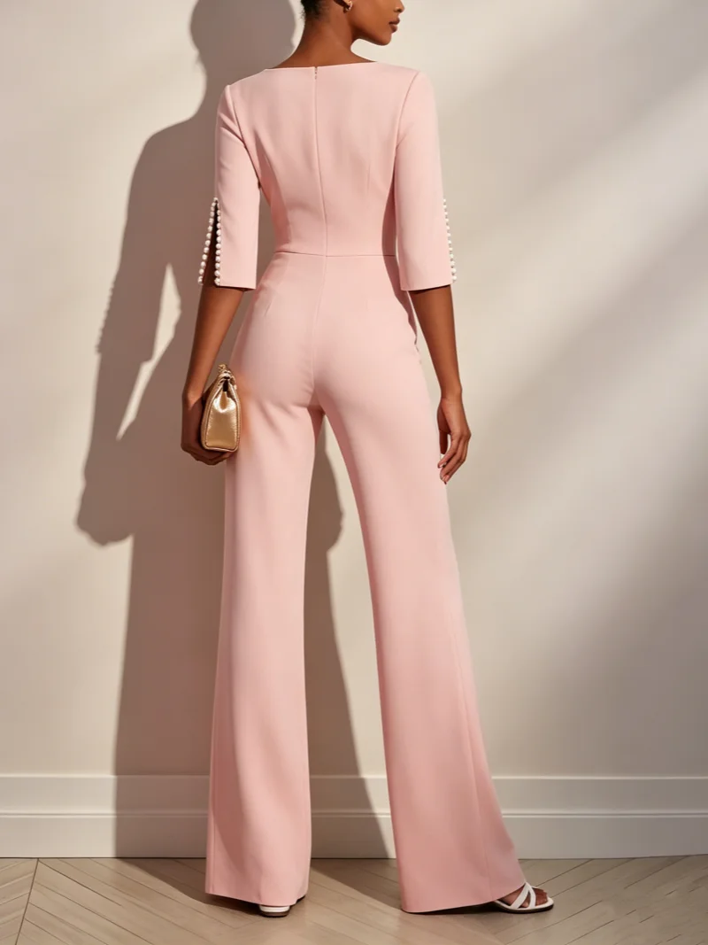 Eleganter Damen-Jumpsuit mit Rundhalsausschnitt, Perlenbesatz, Geschlitzten Ärmeln, Hoher Taille und Weitem Bein für Partys und Abendveranstaltungen