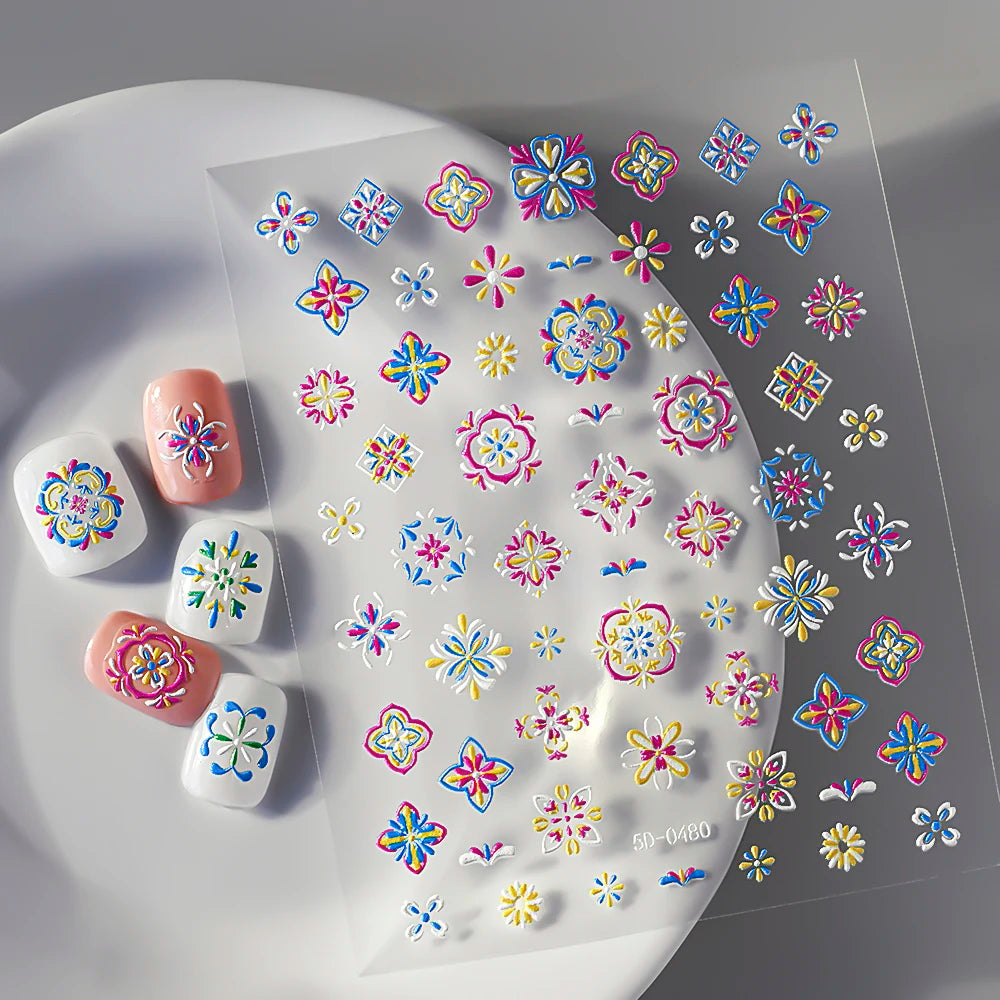 1 Stück 5D geprägte weiße Spitze Blume Nail Art Aufkleber Acryl Blumen Blatt Schmetterling Charme selbstklebende Schieber 10 * 8 cm Maniküre Aufkleber