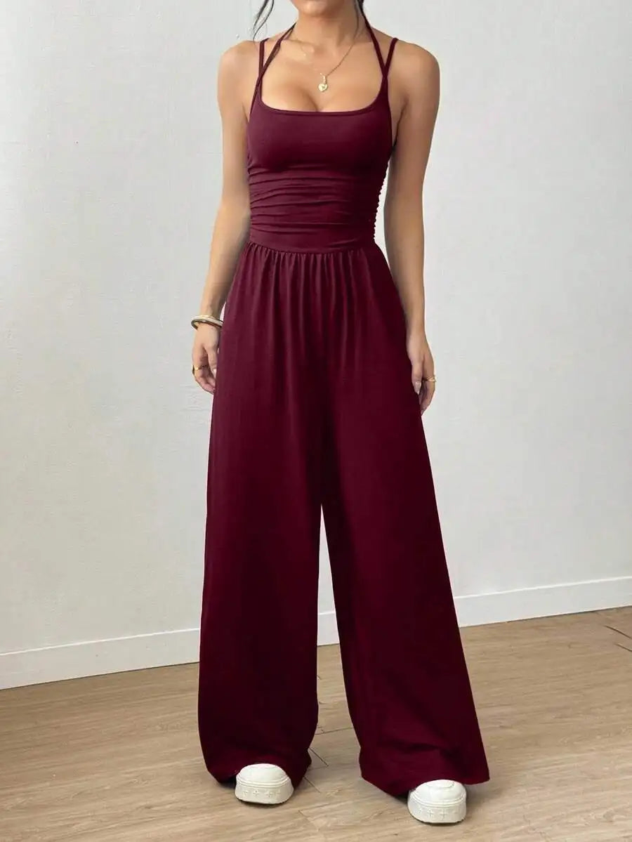 Damen Sommer Schwarzer Lässiger Jumpsuit mit Verstellbarem Neckholder-Ausschnitt, Plissiert, Locker Geschnitten, Gerades Bein, Casual-Outfit für Frauen