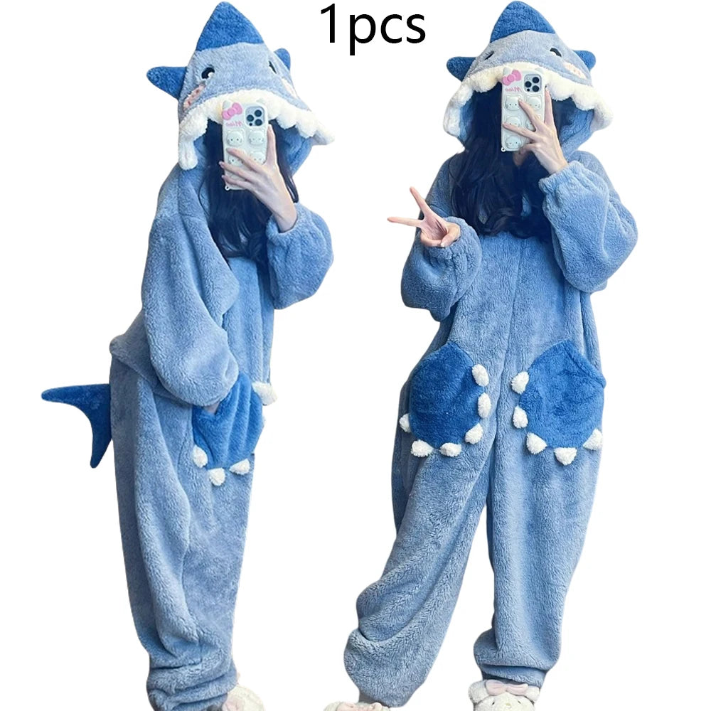 Cartoon niedlichen Hai Frauen Kapuze Nachtwäsche Kigurumi Einhorn Winter Cosplay Pyjama Overall weibliche Weihnachts feier Lounge wear