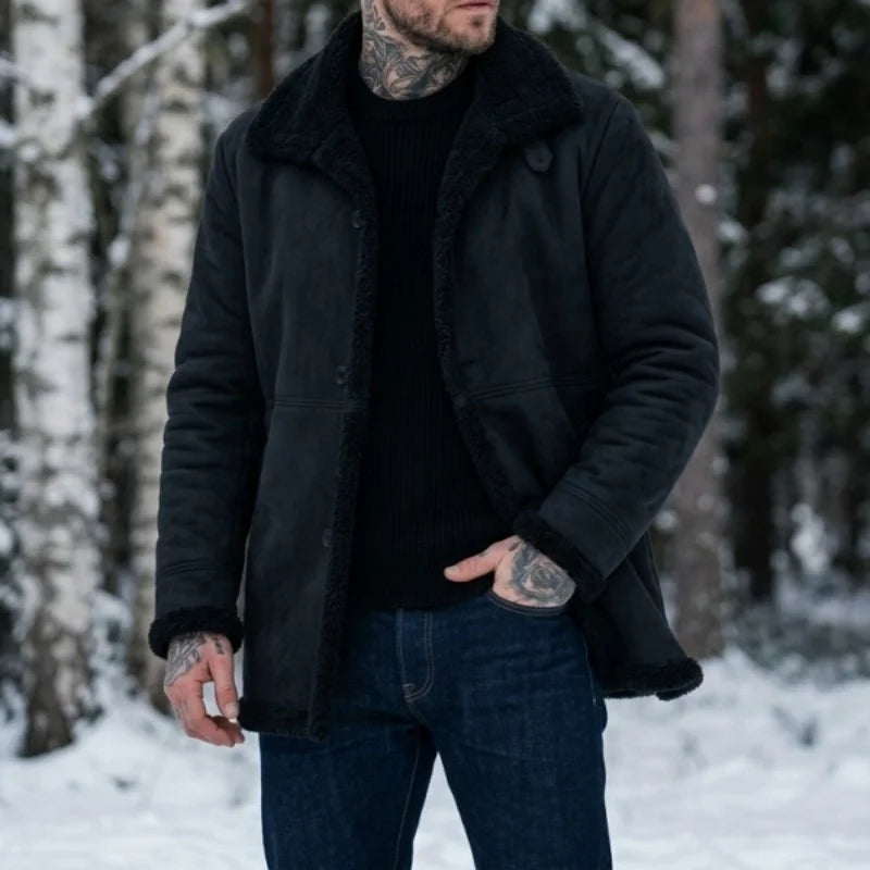 Herren-Winterjacke aus Kunstwolle – Outdoor-Arbeitskleidung und Wanderjacke mit Fleecefutter – Warme Jacke aus Kunstwildleder – Winteroberbekleidung für Herren