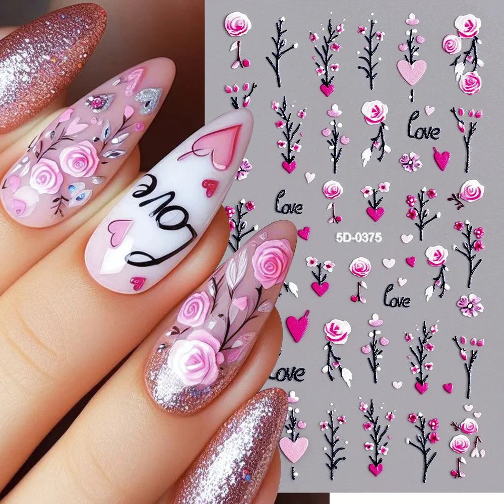 1 Stück 5D geprägte Lavendelblume Nagelaufkleber Frühling Blumenblätter selbstklebende Schieber Rose Schmetterling Aufkleber Maniküre Dekoration