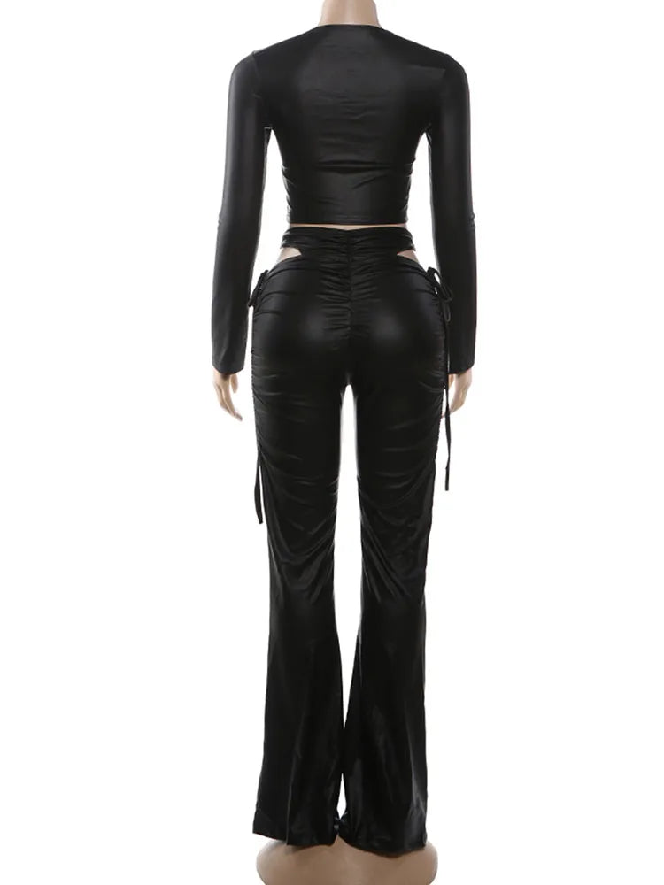 Nibber Mode 2 Stück Set Frau Geraffte Raffen Volle Hülse Crop Tops + Hohl Design Hohe Taille Lange Hose Faux leder Streetwear