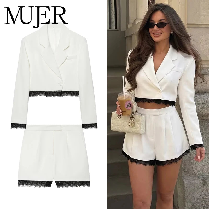MUJER Spitzen-Kurzblazer für Damen-Anzüge Sommer-Blazer-Set 2-teilig Damen-Schulterpolster Damen-Schneiderblazer Bermuda-Shorts