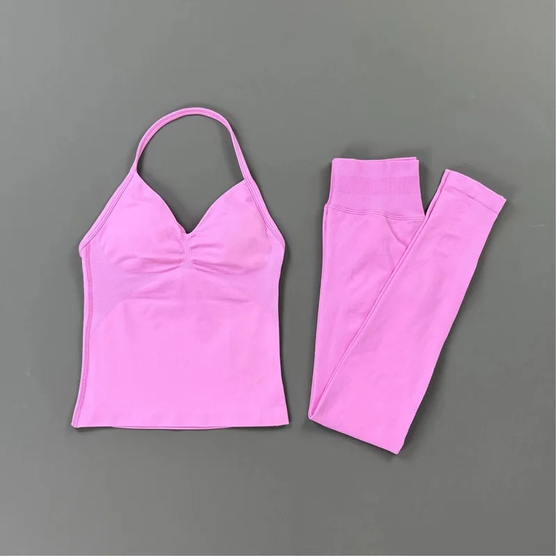 HISTELLO Gym-Leggings-Set, 2-teilig, für Damen, Yoga, lang, mit Trägern, nahtlos, Fitness-Kleidung, Laufen, Workout, Sport-Tops, Outfit