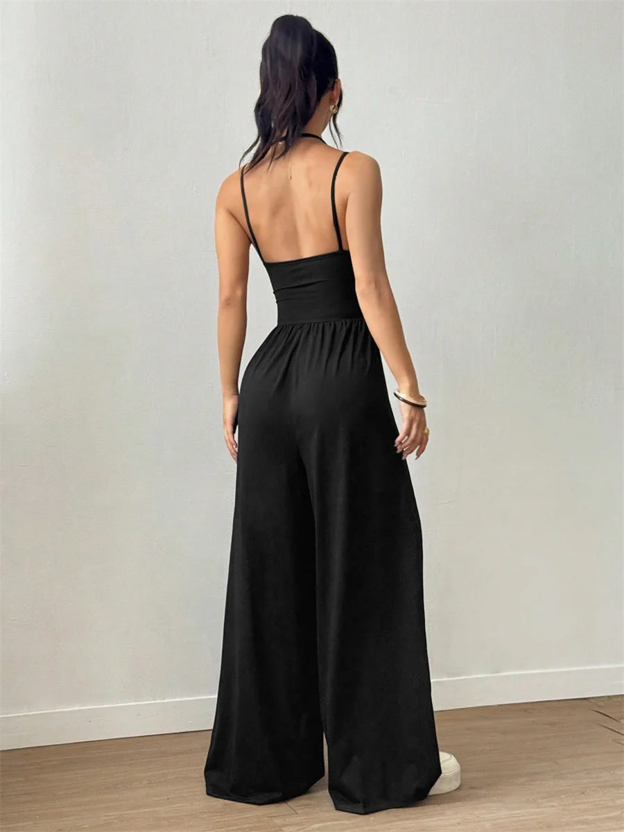Damen-Jumpsuit mit Neckholder, geraffter Taille, U-Ausschnitt, weitem Bein, einfarbig, Sommer 2026, Alltagskleidung, Freizeit, für Büro und Studenten
