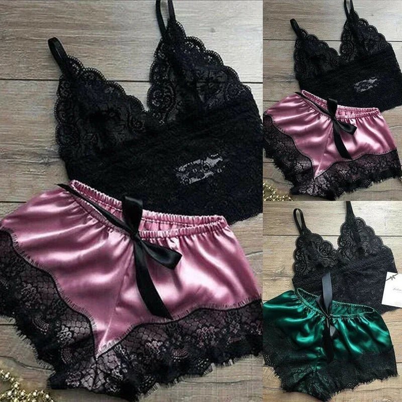 Nachtwäsche Damen sexy Pyjamas Set Spitze Nachthemd Dessous ärmellose V-Ausschnitt Tops und Shorts Sets Nachtwäsche Lounge wear